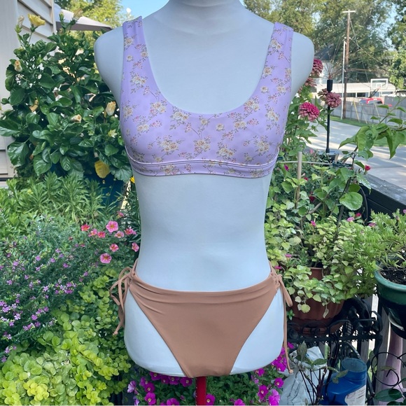 Dippin’ Daisy’s 2 Piece Bikini Pink Floral and Tan Both Pieces Size Small - Picture 2 of 16